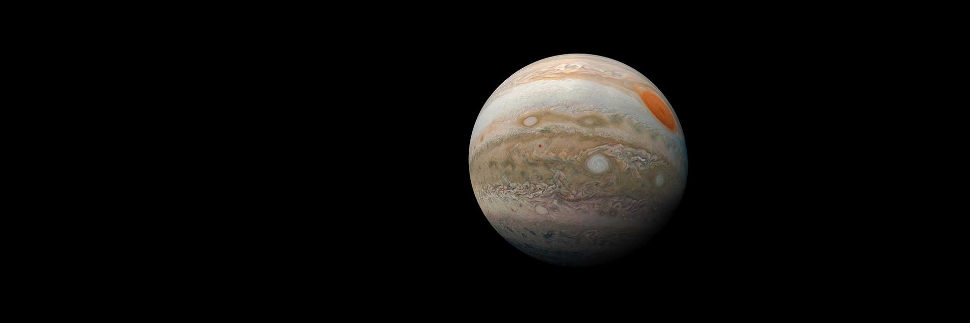 Full globe of Jupiter with the Great Red Spot and turbulent cloud bands